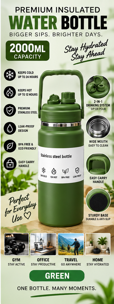 2000ml insulated water bottle green