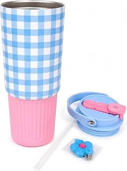 Stainless Steel Insulated Travel Tumbler with Handle, Straw & Flower Keychain