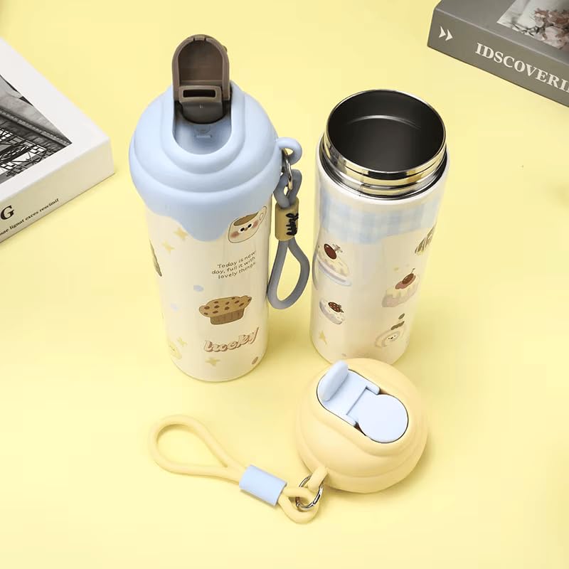 600ML Stainless Steel Water Bottle For Kids | Leakproof Sipper Bottle With Straw | BPA-Free Flip Straw Drinking Water Bottle | Easy to Carry for Girls & Boys