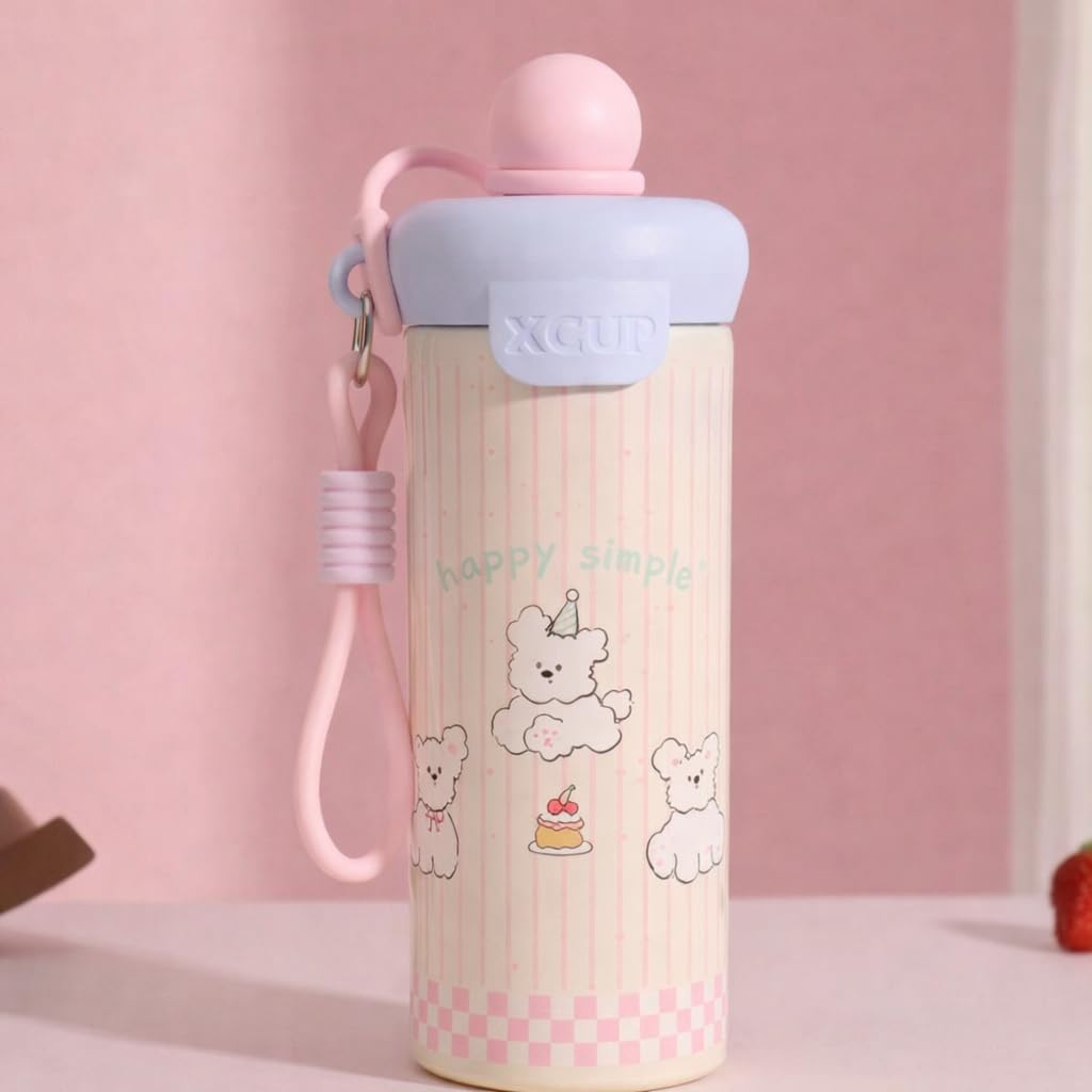 750ml Stainless Steel Water Bottle for School Kids | Sip & Gulp Sipper with Twin Lid, Leakproof & BPA Free, Cute Water Bottle with Carry Rope for Girls, Gym, Office & Travel (Yellow)