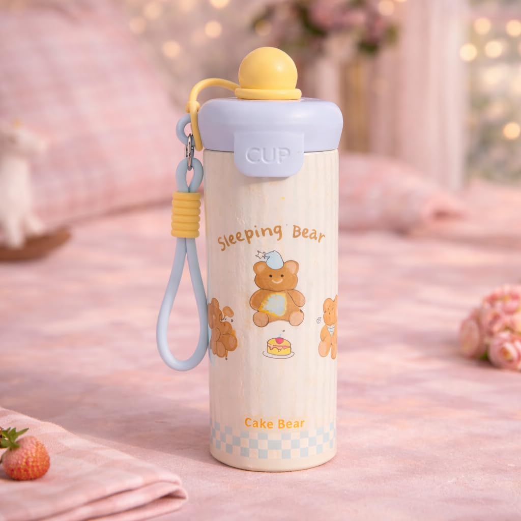 750ml Stainless Steel Water Bottle for School Kids | Sip & Gulp Sipper with Twin Lid, Leakproof & BPA Free, Cute Water Bottle with Carry Rope for Girls, Gym, Office & Travel (Yellow)