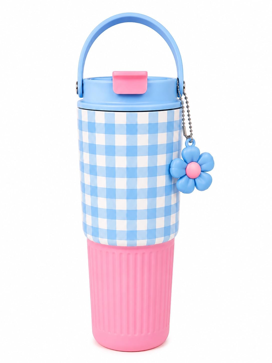 Stainless Steel Insulated Travel Tumbler with Handle, Straw & Flower Keychain