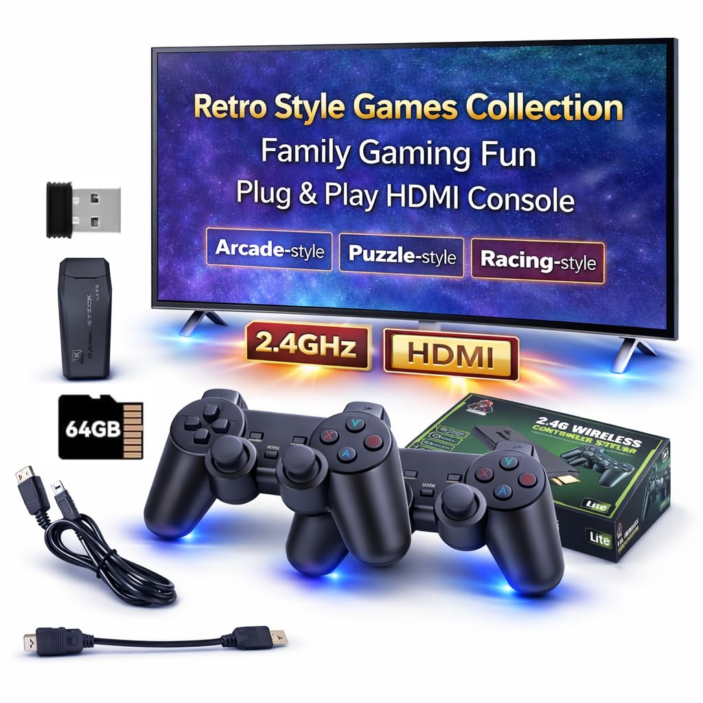 Wireless Retro Gaming Console for TV | HDMI Game Stick | Plug & Play | Dual Wireless Controllers | Classic Arcade Style Games | Family Gaming | Black