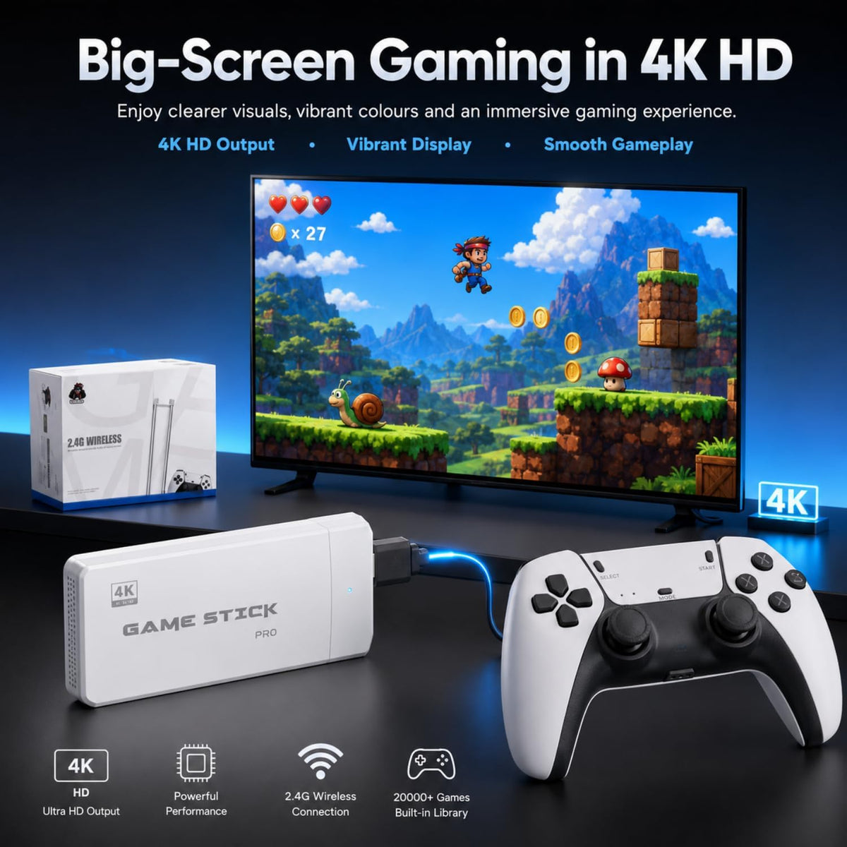 HD Video Game 4K Console Stick with Dual Wireless Controllers