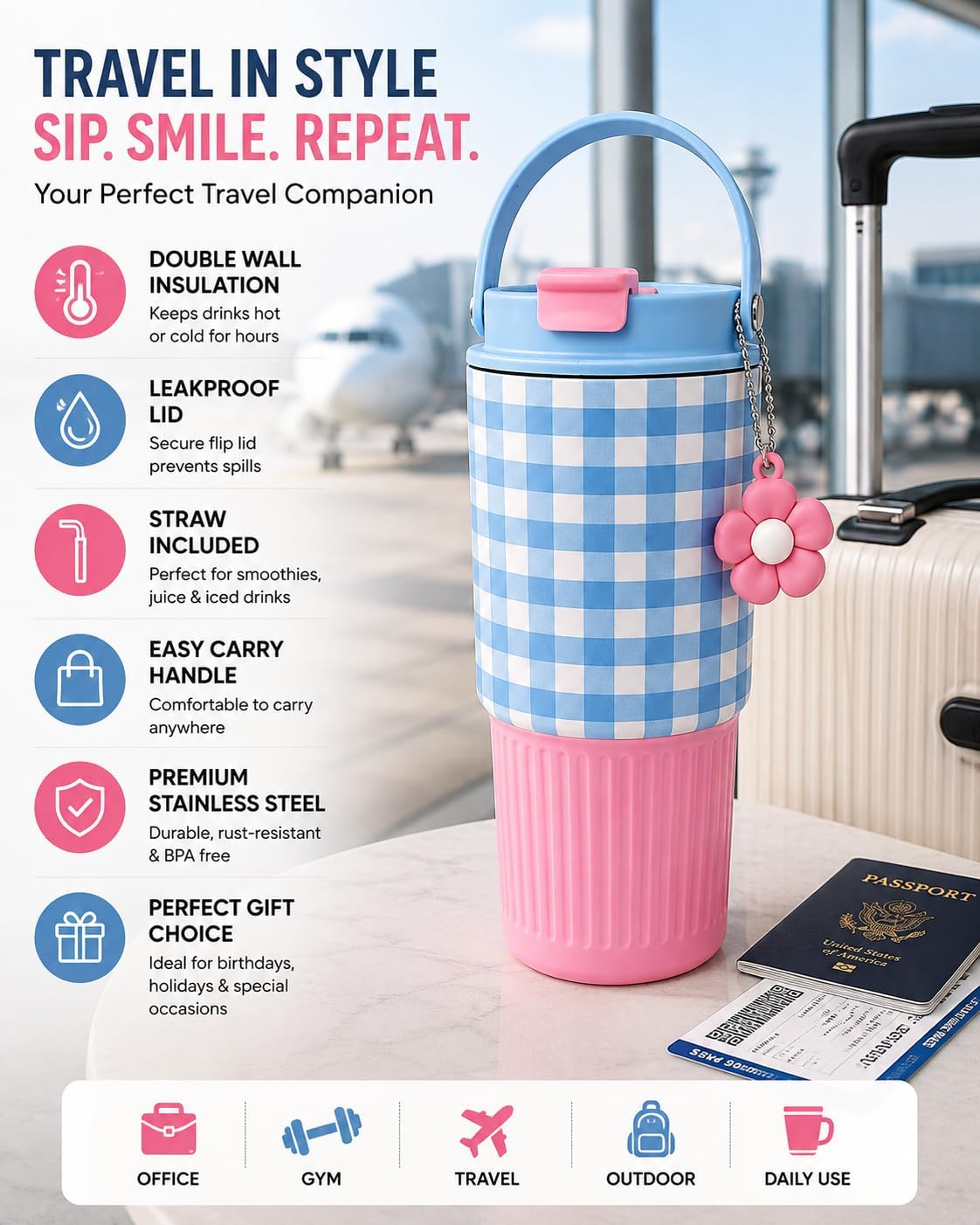 Stainless Steel Insulated Travel Tumbler with Handle, Straw & Flower Keychain