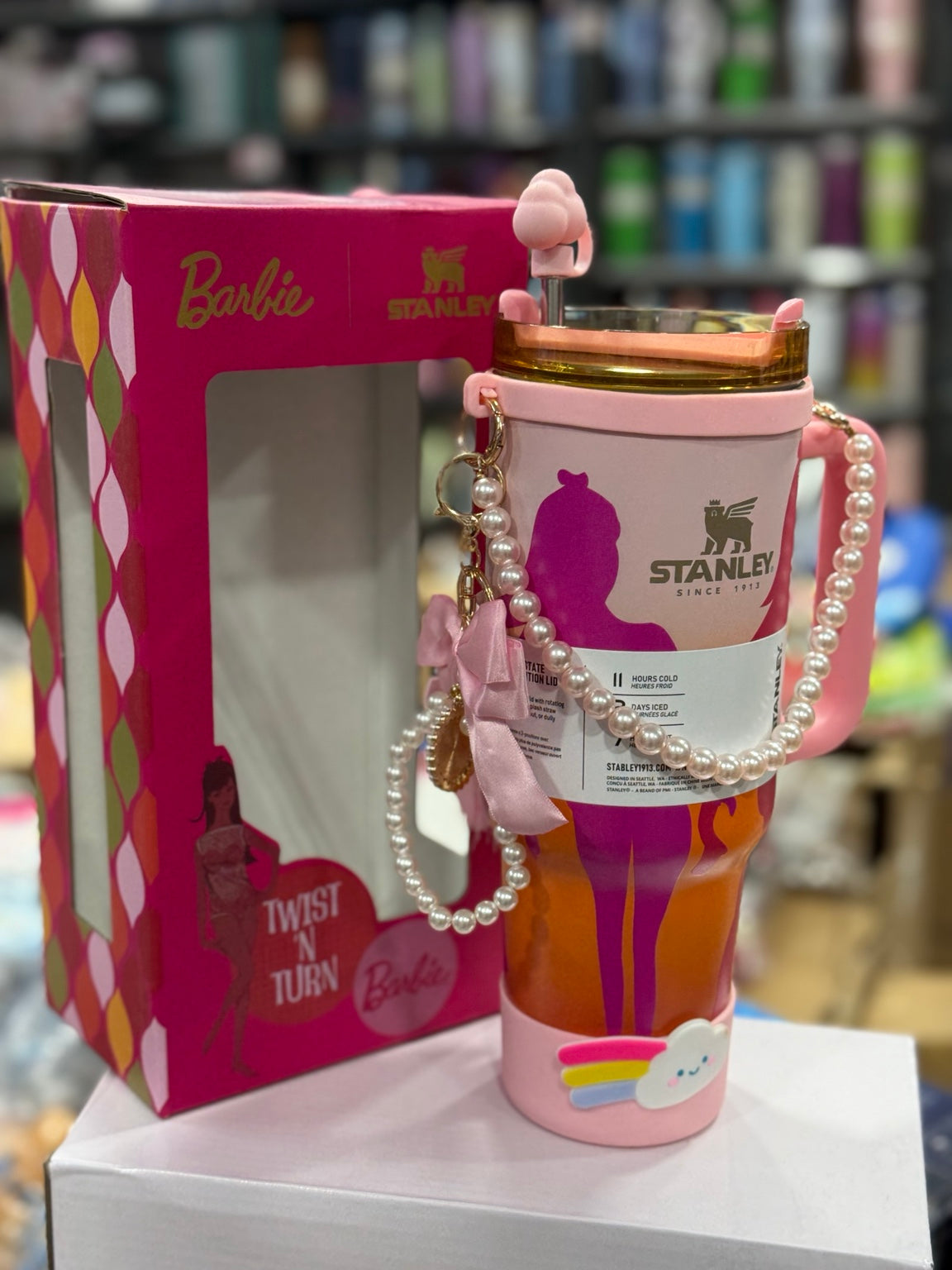 Barbie themed pink tumbler with pearl charm