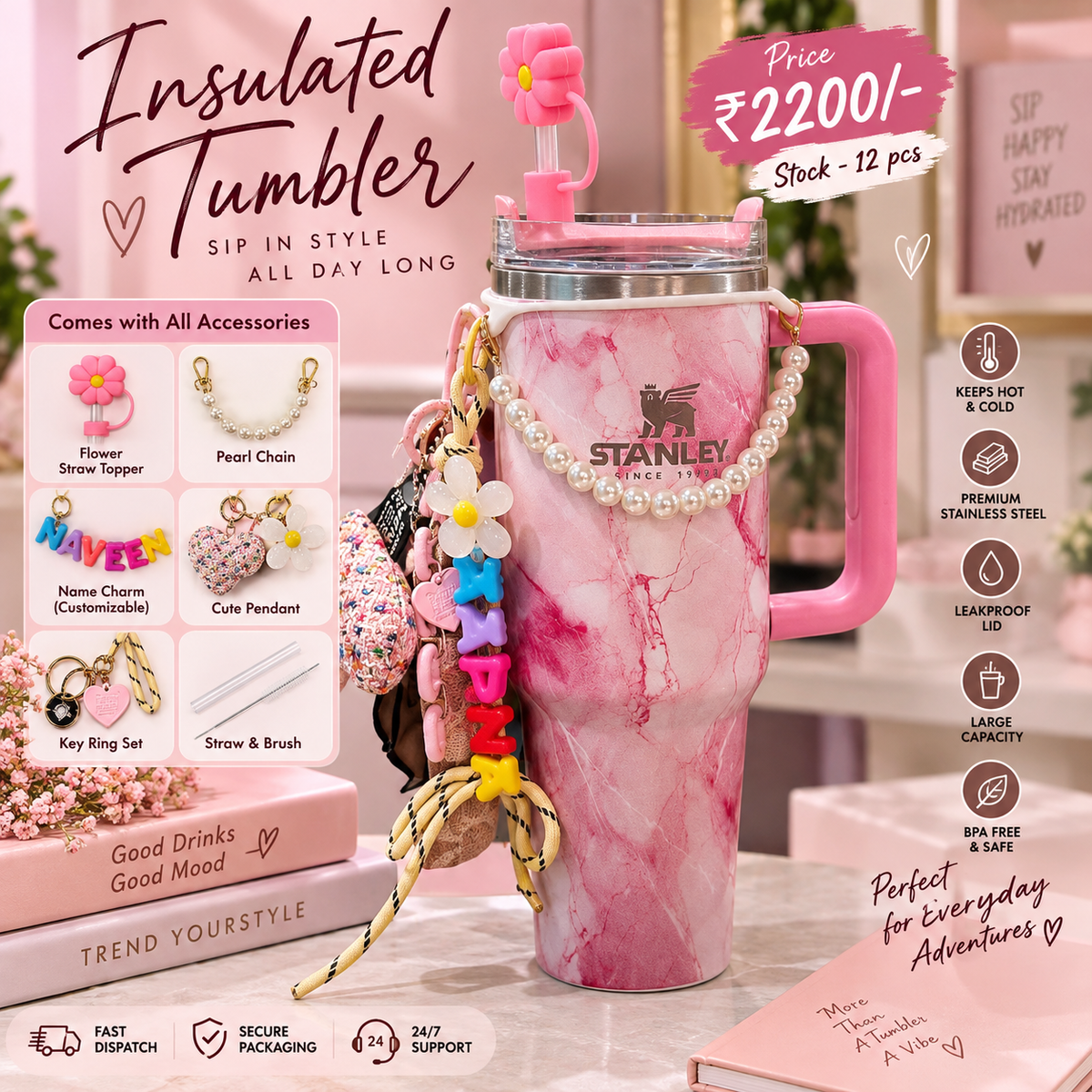 Insulated pink marble tumbler with name charm and accessories