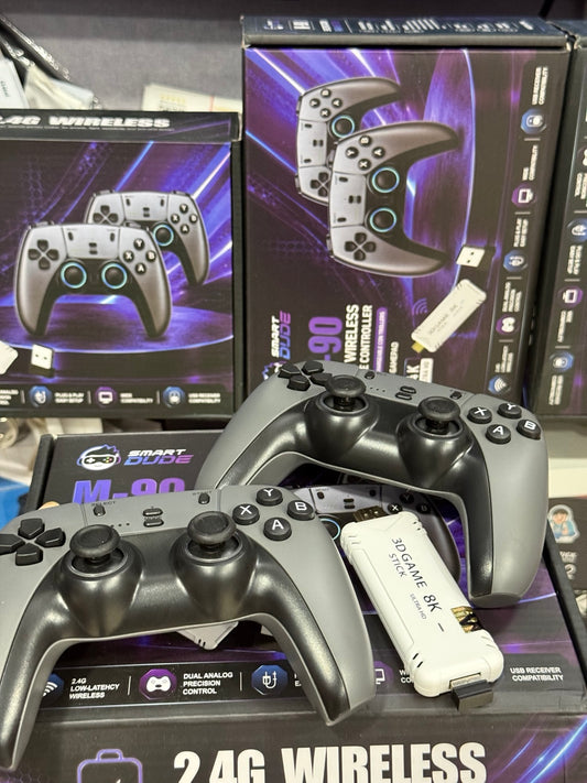 M90 game stick with two wireless rechargeable controllers and accessories