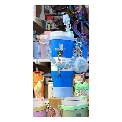 1180ml insulated blue tumbler with handle, straw and charm accessories