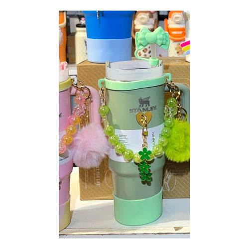 1180ml insulated green tumbler with handle, straw and charm accessories