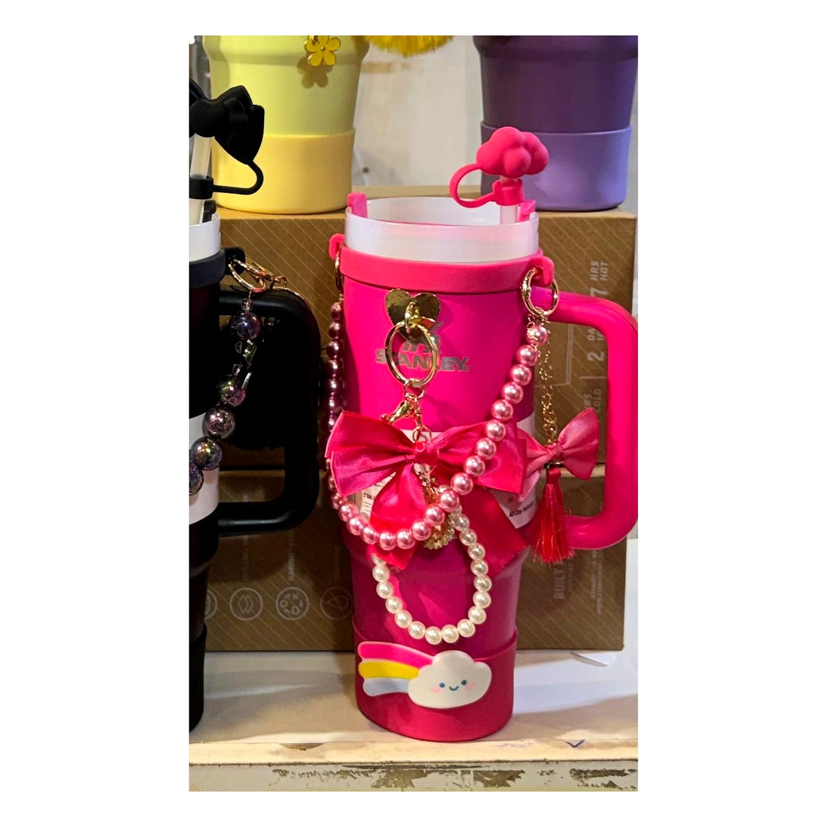 1180ml insulated hot pink tumbler with handle, straw and charm accessories