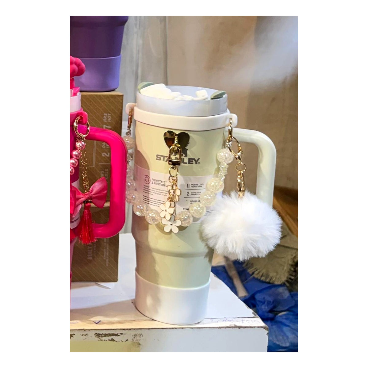 1180ml insulated peach cream tumbler with handle, straw and charm accessories