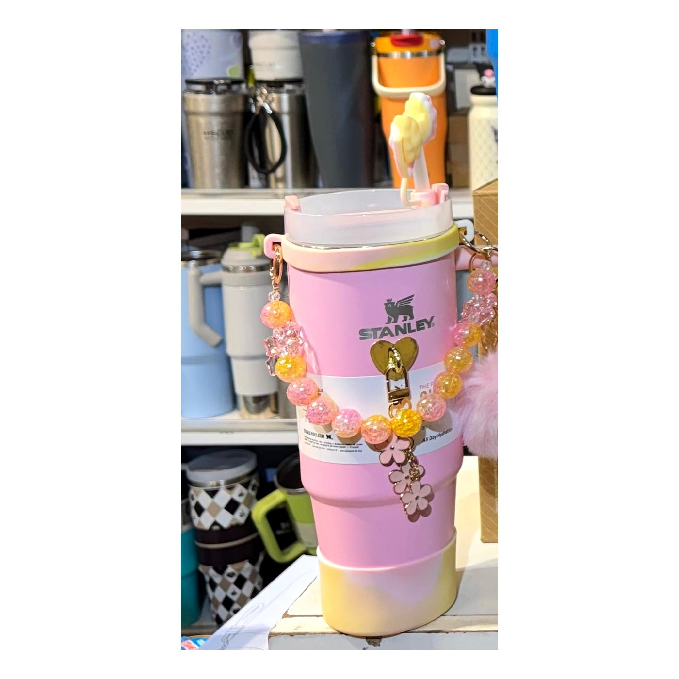 1180ml insulated pink tumbler with handle, straw and charm accessories
