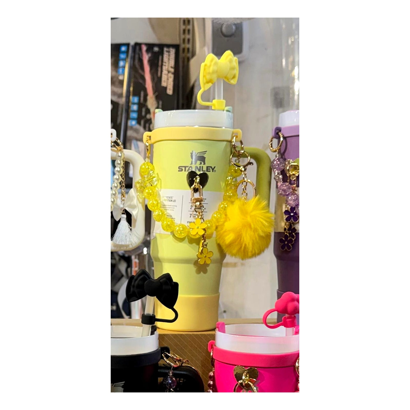 1180ml insulated yellow tumbler with handle, straw and charm accessories