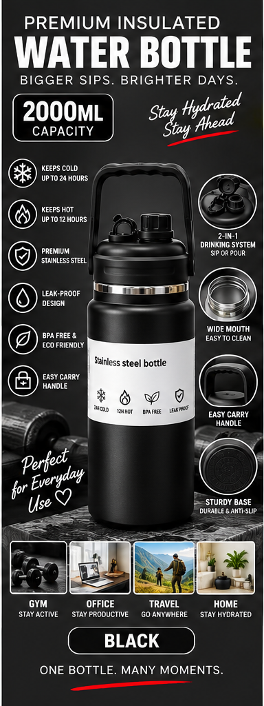 2000ml insulated water bottle black