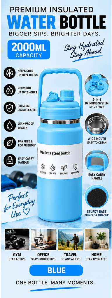 2000ml insulated water bottle blue
