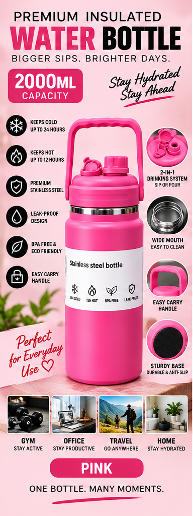 2000ml insulated water bottle pink