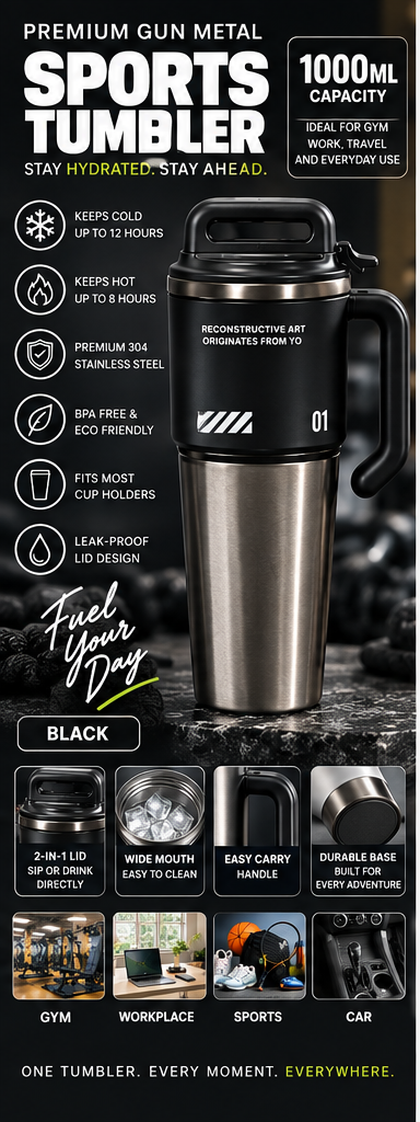 1000ml premium gun metal sports tumbler black