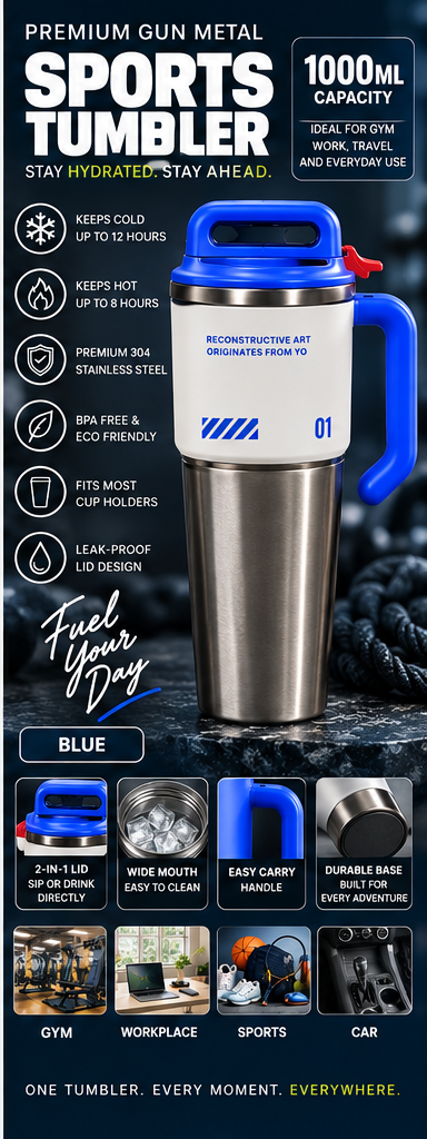 1000ml premium gun metal sports tumbler blue