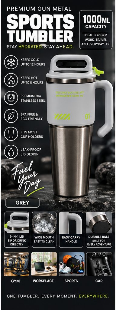 1000ml premium gun metal sports tumbler grey