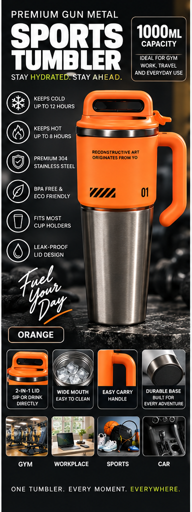 1000ml premium gun metal sports tumbler orange
