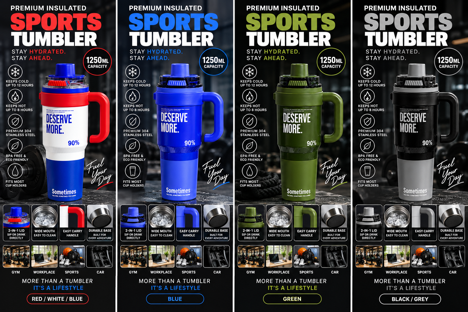 Premium insulated 1250ml sports tumbler in four colors