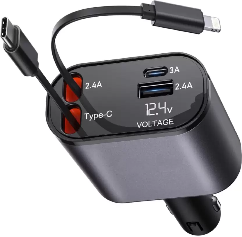 Terminal 120W 4-in-1 retractable car charger with voltmeter