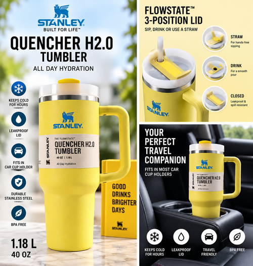 Yellow Quencher tumbler professional lifestyle and feature presentation